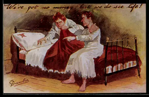 Künstler-AK sign. Dauber: Streitendes Paar in einem Bett