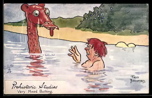 Künstler-AK sign. Fred Buchanan: Schwimmer trifft auf ein Seemonster