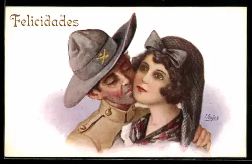 Künstler-AK sign. J. Ibánez: Soldat schmiegt seine Wange an die Wange einer hübschen Frau