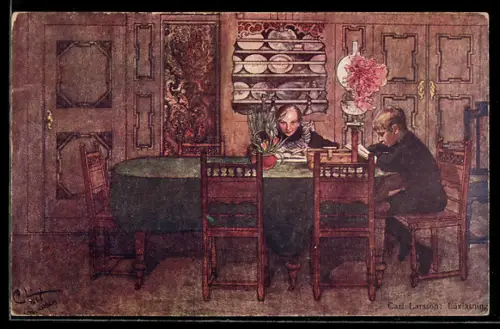 Künstler-AK sign. Carl Larsson: Zwei Menschen sitzen an einem Tisch, Läxläsning