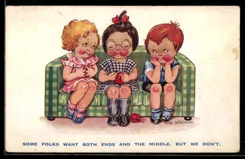 Künstler-AK sign. Nora Davidson: Drei Kinder mit roten Wangen auf einer Couch