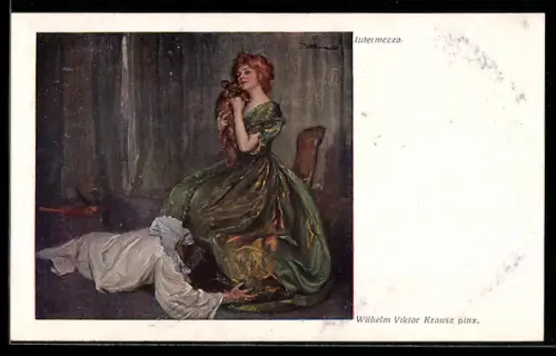 Künstler-AK sign.Viktor Krausze: Mann liegt der Frau mit Hund zu Füssen