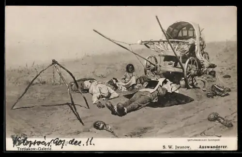 Künstler-AK sign. S.W. Iwanow: Auswanderer bei ihrem Wagen