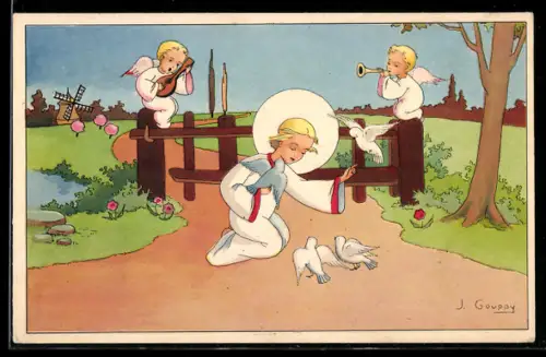 Künstler-AK sign. J. Gouppy: Kind mit Aureole und Tauben, daneben musizierende Engel