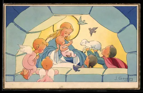 Künstler-AK sign. J. Gouppy: Heilige Maria mit Jesuskind, Engeln und einem Lamm