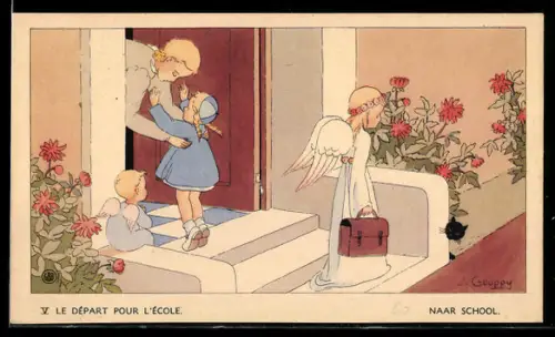 Künstler-AK sign. J. Gouppy: Engel mit Reisetasch verlässt ein Haus, daneben eine schwarze Katze