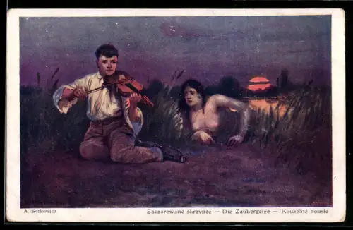 Künstler-AK sign. A. Setkowicz: Junger Mann spielt am Ufer Geige und wird von einer Frau beobachtet