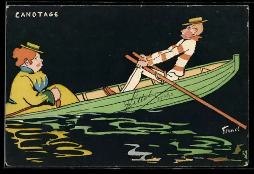 Künstler-AK sign. Fernel: Pärchen auf einem Ruderboot