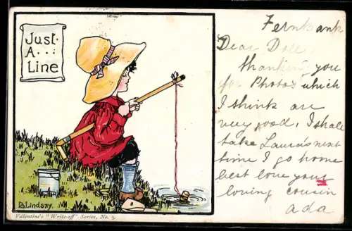Künstler-AK sign. B. Lindsay: Kind beim Angeln