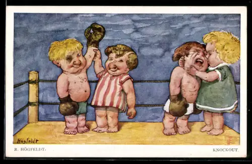 Künstler-AK sign. Högfeldt: Mädchen tröstet den Verlierer des Boxkampfes