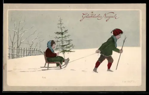 Künstler-AK sign. F. Wielsch: Kinder mit Schlitten in einer verschneiten Landschaft