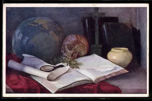 Künstler-AK sign. Stepanek: Tisch mit geöffnetem Buch, Globus und Totenschädel