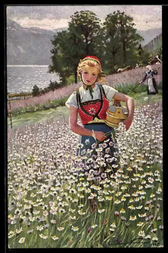 Künstler-AK sign. E. Pastor-Normann: Mädchen pflückt Sommerblumen auf der Wiese