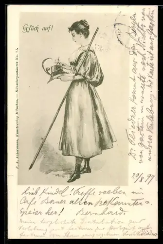 Künstler-AK sign. Henri: Frau verziert ihren Hut mit Blumen, Glück auf!