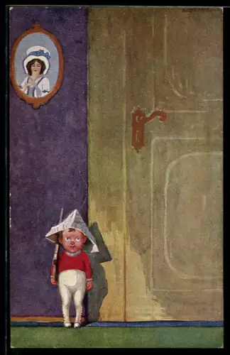 Künstler-AK sign. E. Sommavilla: Kleiner Junge bewacht die Tür, Die Ehrenwache