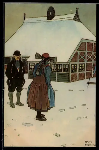 Künstler-AK sign. Hans Förster: Paar in Tracht beim Winterspaziergang