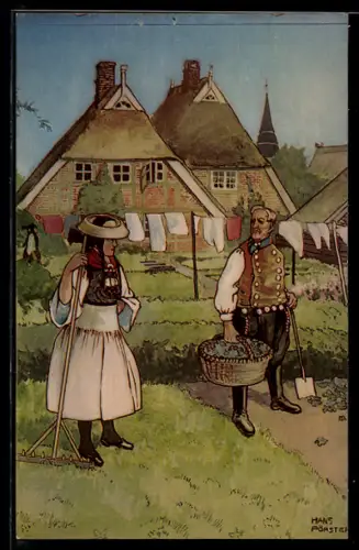 Künstler-AK sign. Hans Förster: Paar in Vierländer Tracht bei der Gartenarbeit