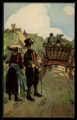 Künstler-AK sign. Hans Förster: Paar in Vierländer Tracht schaut einer Kutsche hinterher
