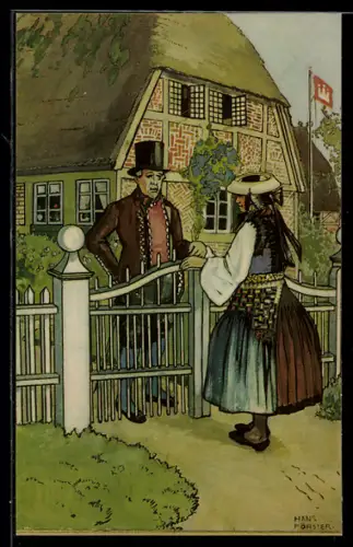 Künstler-AK sign. Hans Förster: Paar in Vierländer Tracht beim Gespräch am Gartenzaun