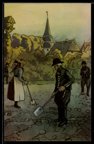 Künstler-AK sign. Hans Förster: Bauern in Vierländer Tracht bei der Feldarbeit