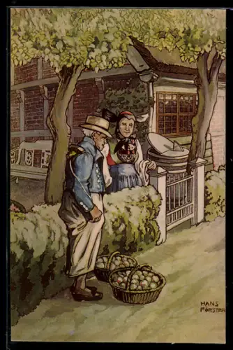 Künstler-AK sign. Hans Förster: Paar in Vierländer Tracht mit Körben voller Äpfel