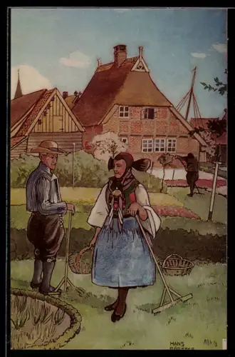 Künstler-AK sign. Hans Förster: Bauern in Vierländer Tracht bei der Gartenarbeit