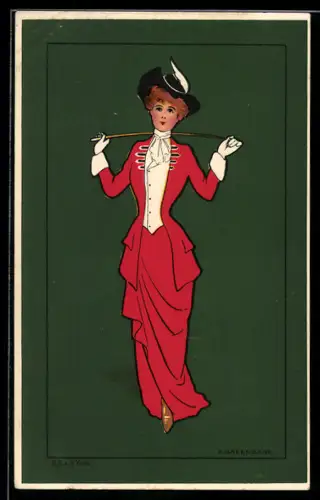 Künstler-AK sign. A. Greenbank: Elegante Dame im roten Kleid
