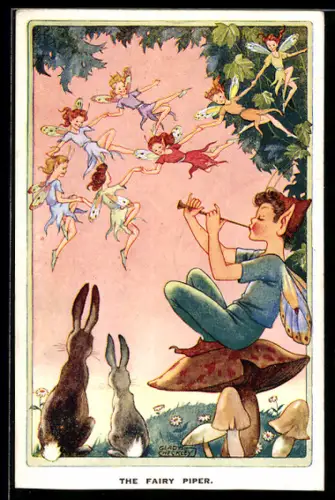 Künstler-AK sign. Gladys Checkley: Junge sitzt auf einem Pilz u. spielt für die Schmetterlingsmädchen, The Fairy Piper