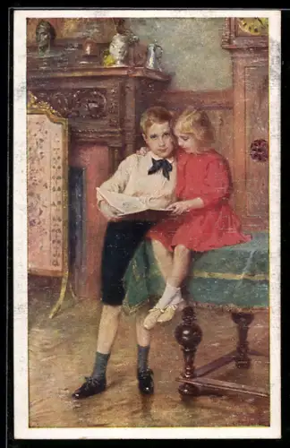 Künstler-AK sign. Karl Fröschl: Bruder und Schwester bei der Lektüre