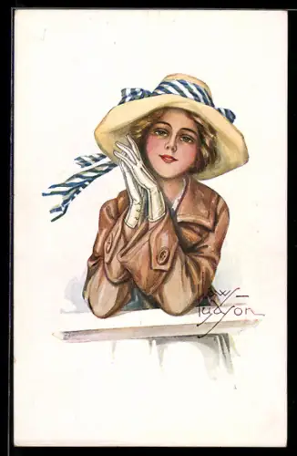 Künstler-AK sign. Laws Ludson: Eine junge Frau steht im Mantel an der Reling im Wind