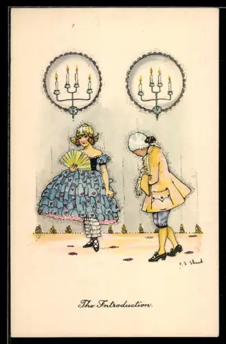 Künstler-AK sign. P. C. Shand: Junger Mann im Rokoko-Kostüm stellt sich der Dame vor, The Introduction