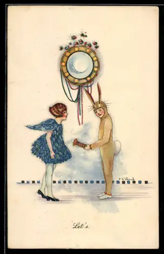 Künstler-AK sign. P. C. Shand: Junge im Hasenkostüm spricht mit dem Mädchen im Vogelkostüm