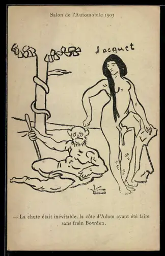 Künstler-AK sign. Jacquet: Adam, Eva und die Schlange am Baum, Salon d`Automobile 1903