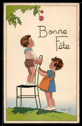 Künstler-AK G. Lauvey: Bonne Fête, das Mädchen hält dem Jungen den Stuhl zum Pflücken der Rosen