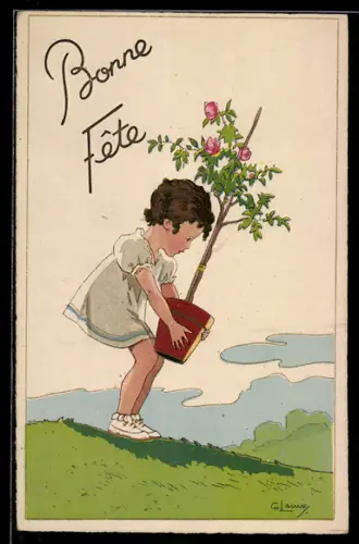 Künstler-AK sign. G. Lauvey: Mädchen trägt einen Rosenstämmchen über die Wiese, Bonne Fete