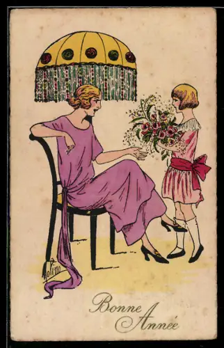 Künstler-AK sign. Molino: Mädchen bringt der Mutter einen Blumenstrauss, Bonne Année