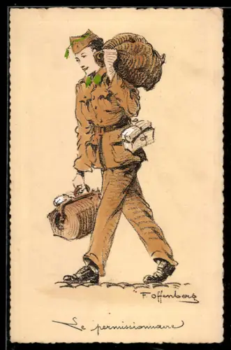 Künstler-AK sign. F. Offenberg: Soldat unterwegs mit Tasche und Rucksack