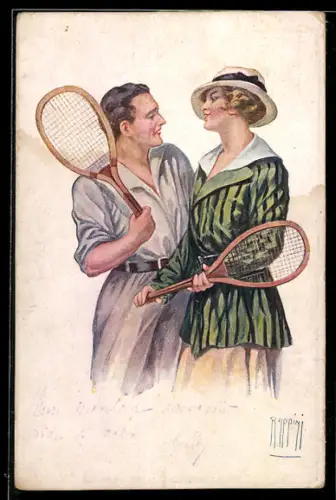 Künstler-AK Rappini: Paar beim Tennis
