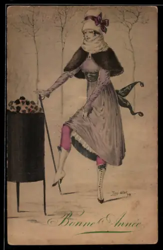 Künstler-AK sign. René Gilles: Frau an einem Kohle-Ofen