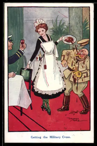 Künstler-AK sign. Ernest Noble: Kellnerin überschüttet den Gast mit brauner Suppe, Getting the Military Cross