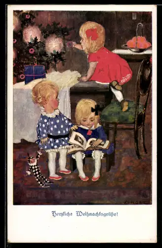 Künstler-AK sign. Sretan Bozic: Kinder mit Geschenken unter dem Weihnachtsbaum