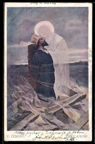 Künstler-AK sign.V. Cerny: Jesus Christus berührt den König auf dem Scheiterhaufen