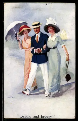 Künstler-AK sign. J. A. May: Mann wird beim Spaziergang von zwei Damen eingerahmt