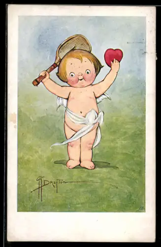 Künstler-AK sign. G. G. Drayton: Kleiner Engel mit Tennisschläger und Herz in der Hand