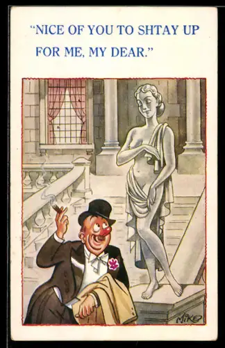Künstler-AK sign. Mike: Eleganter Herr betrachtet eine nackte Frauenstatue