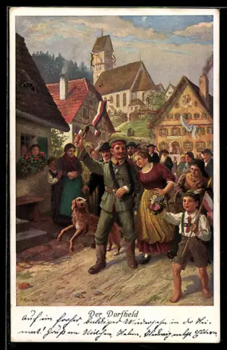 Künstler-AK sign. O. Voelkel: Einwohner freuen sich über die Heimkehr des Soldaten, Der Dorfheld
