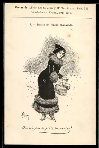 Künstler-AK sign. F. Malzac: Frau mit Geschenken auf dem Heimweg