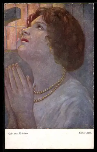 AK Schmuck, Frau beim Beten mit Perlenkette und Ohrringen