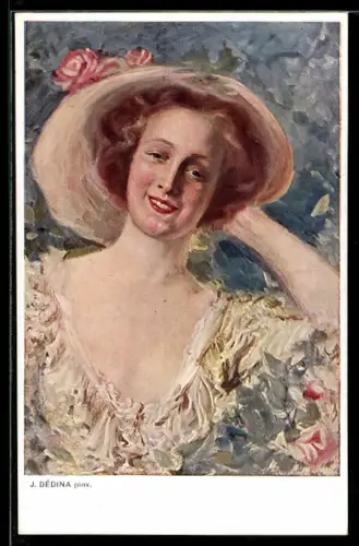 Künstler-AK sign. J. Dedina: Junge Frau mit Blumen am Hut