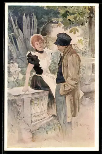 Künstler-AK sign. J. Dedina: Junger Mann flirtet mit dem Dienstmädchen